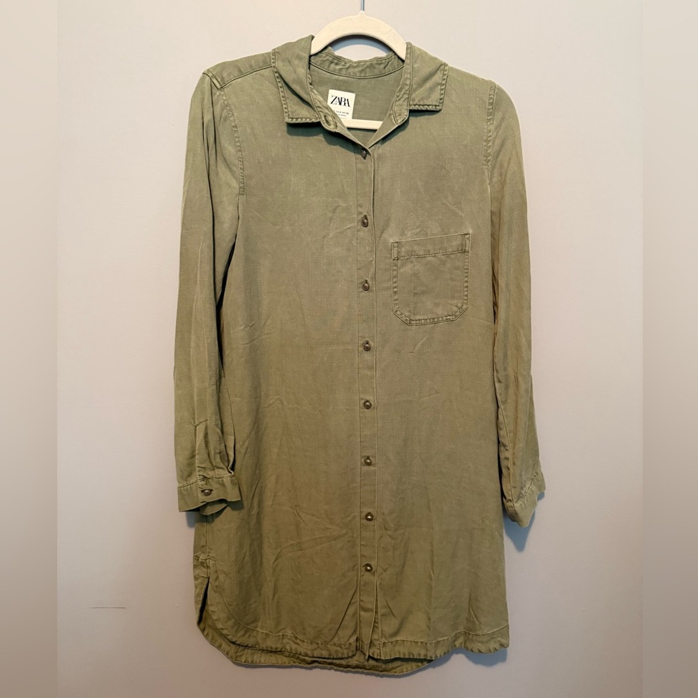 Zara Olive Green Button-Up Shirt Dress